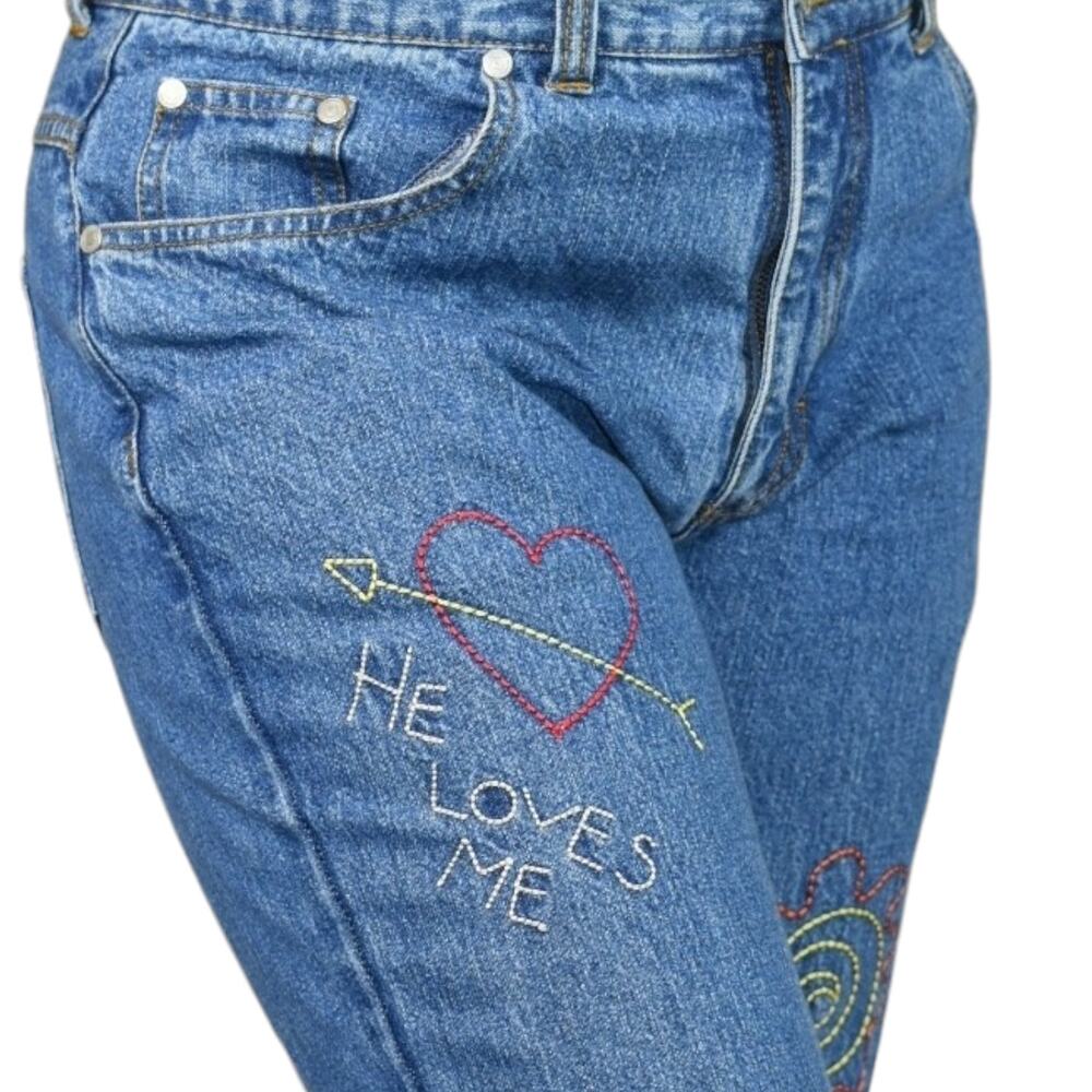 Vintage Embroidered Flare Jeans Blue Retro Y2K Crop Doodles Graffiti Juniors 12
